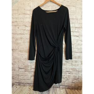 H By Halston Dress Womens 10 Black LBD Midi Sheath Draped Ruched Twist Front